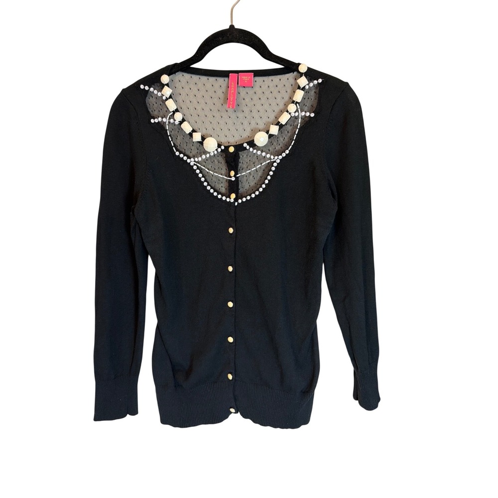 Charlotte Tarantola Black Silk Blend Pearl Beaded Mesh Cardigan Sweater Womens M